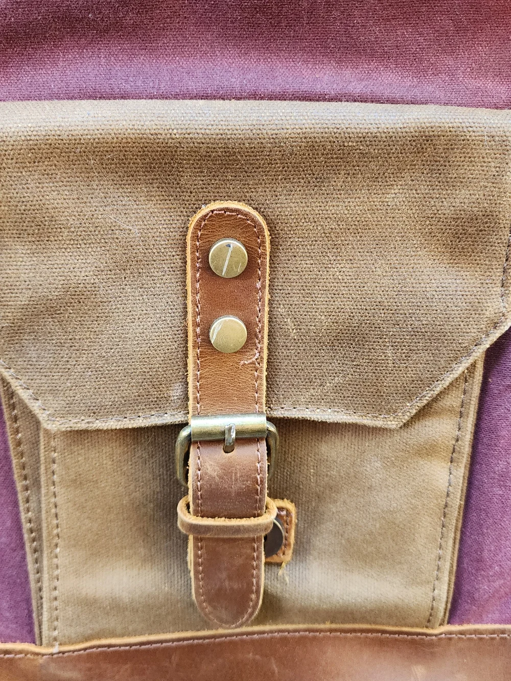 Vintage Waxed Canvas & Leather Roll Top Backpack Rucksack Purple Khaki